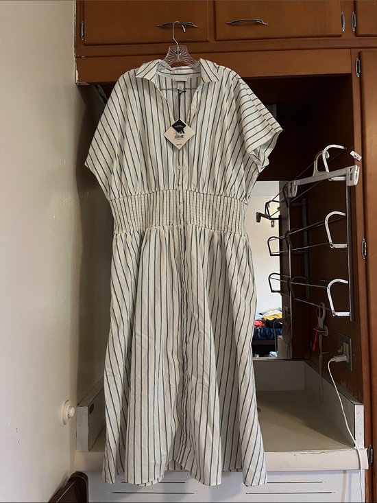 Ava & Viv Dresses & Skirts - Striped Smocked Waist Shirt Dress in white blue+black stripes